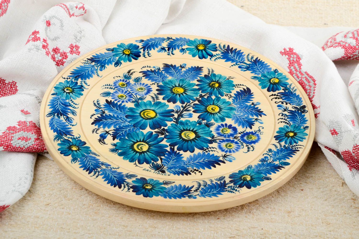 Декор на стену ручной работы синяя декоративная тарелка расписная посуда фото 1