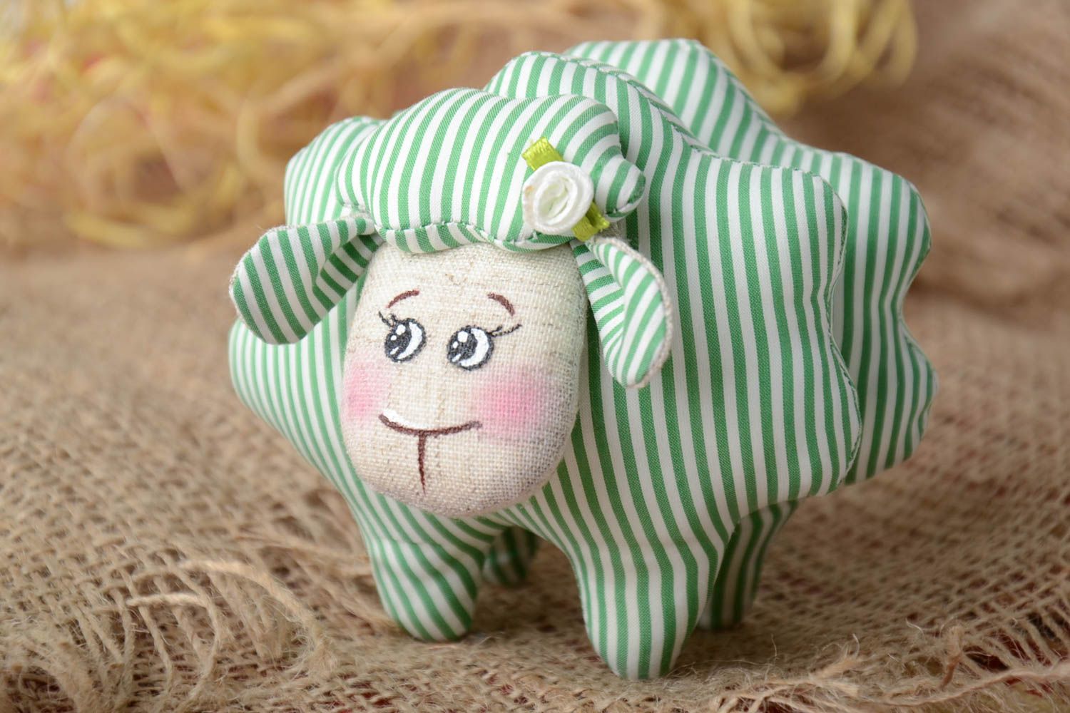 Handmade small soft toy sewn of white and green striped linen fabric cute lamb photo 1