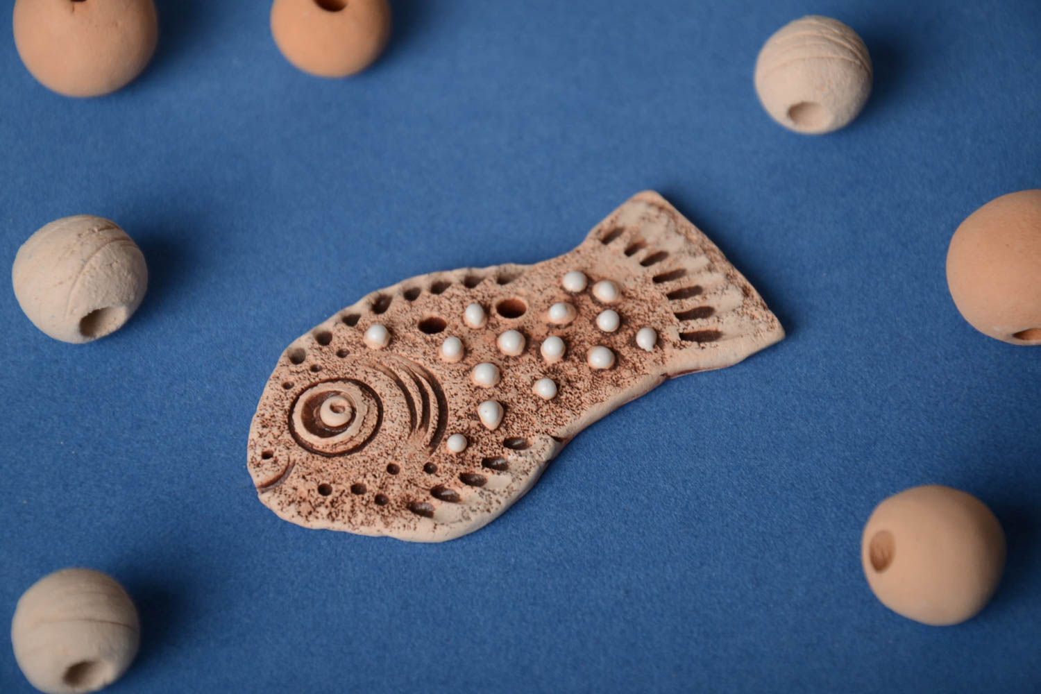 Handmade blank ceramic pendant in the shape of fish for ethnic jewelry making photo 1