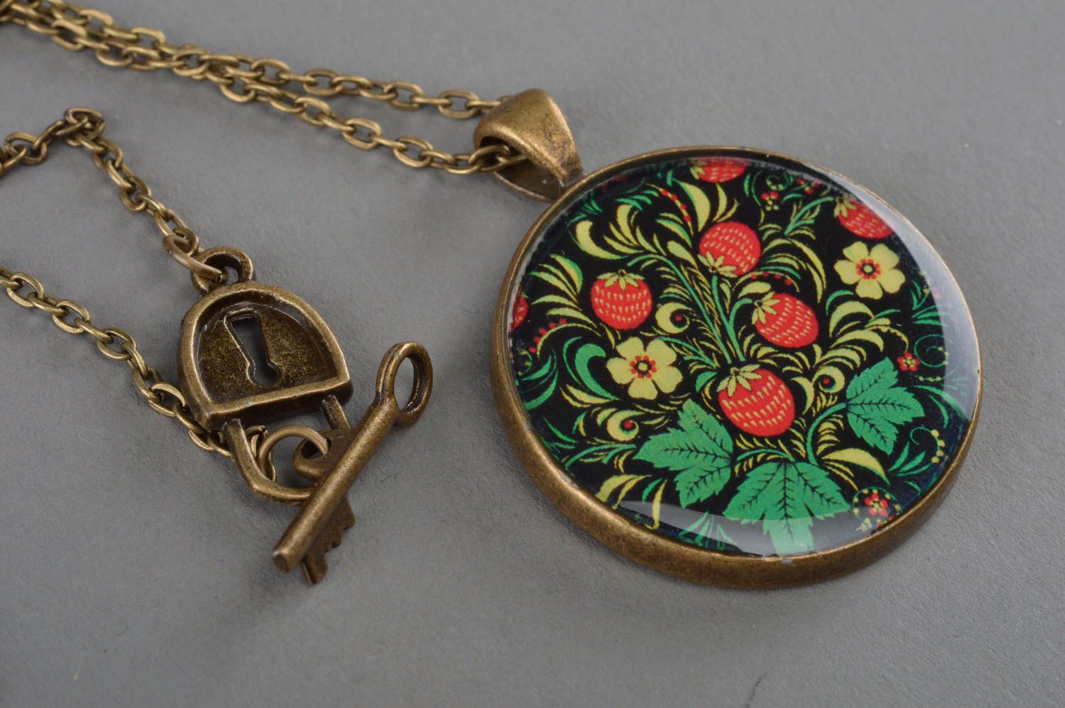 Beautiful handmade round epoxy resin pendant on long chain with decoupage berries image  photo 2