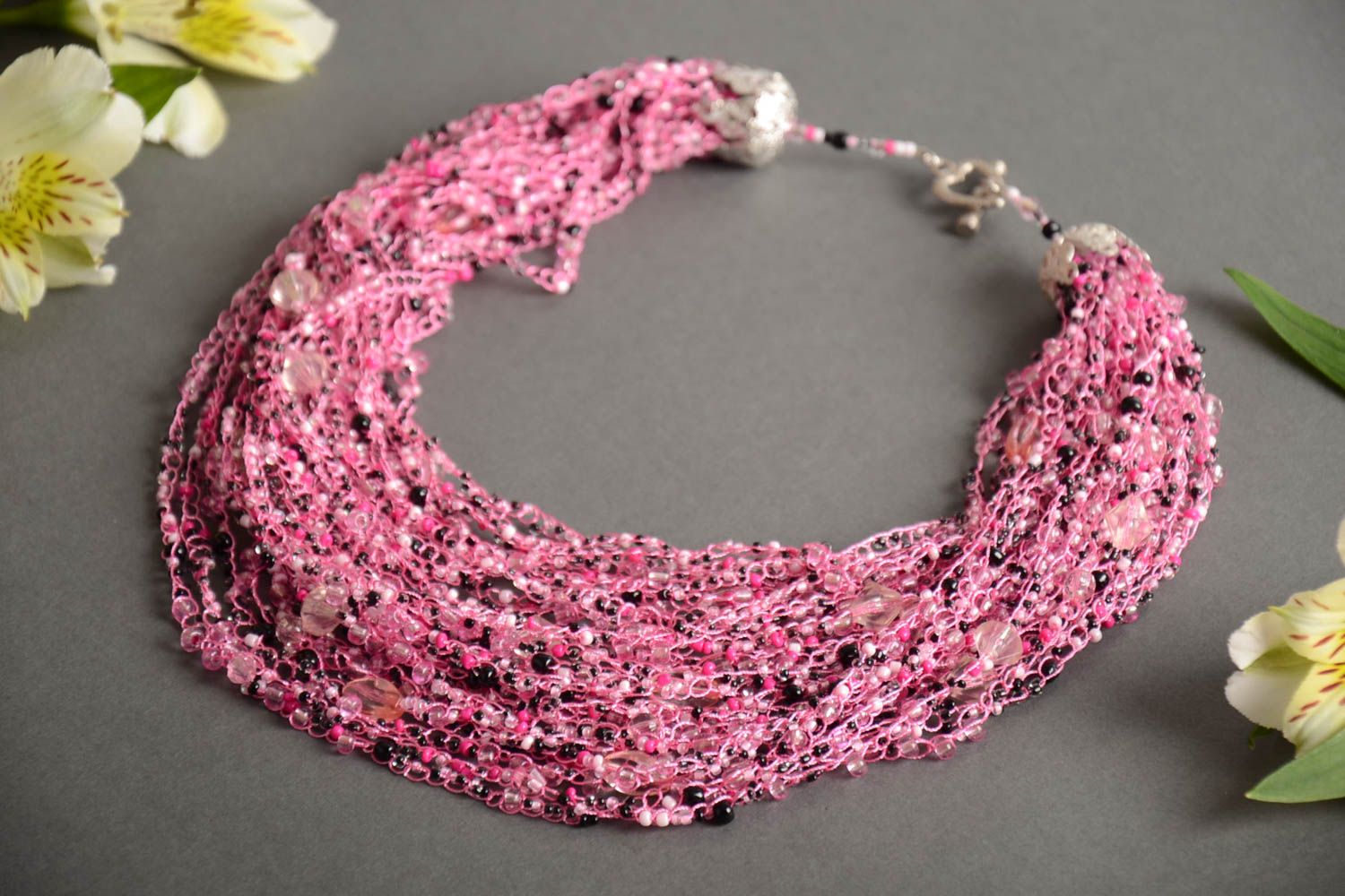 Multirow handmade designer pink necklace woven of Czech beads photo 1