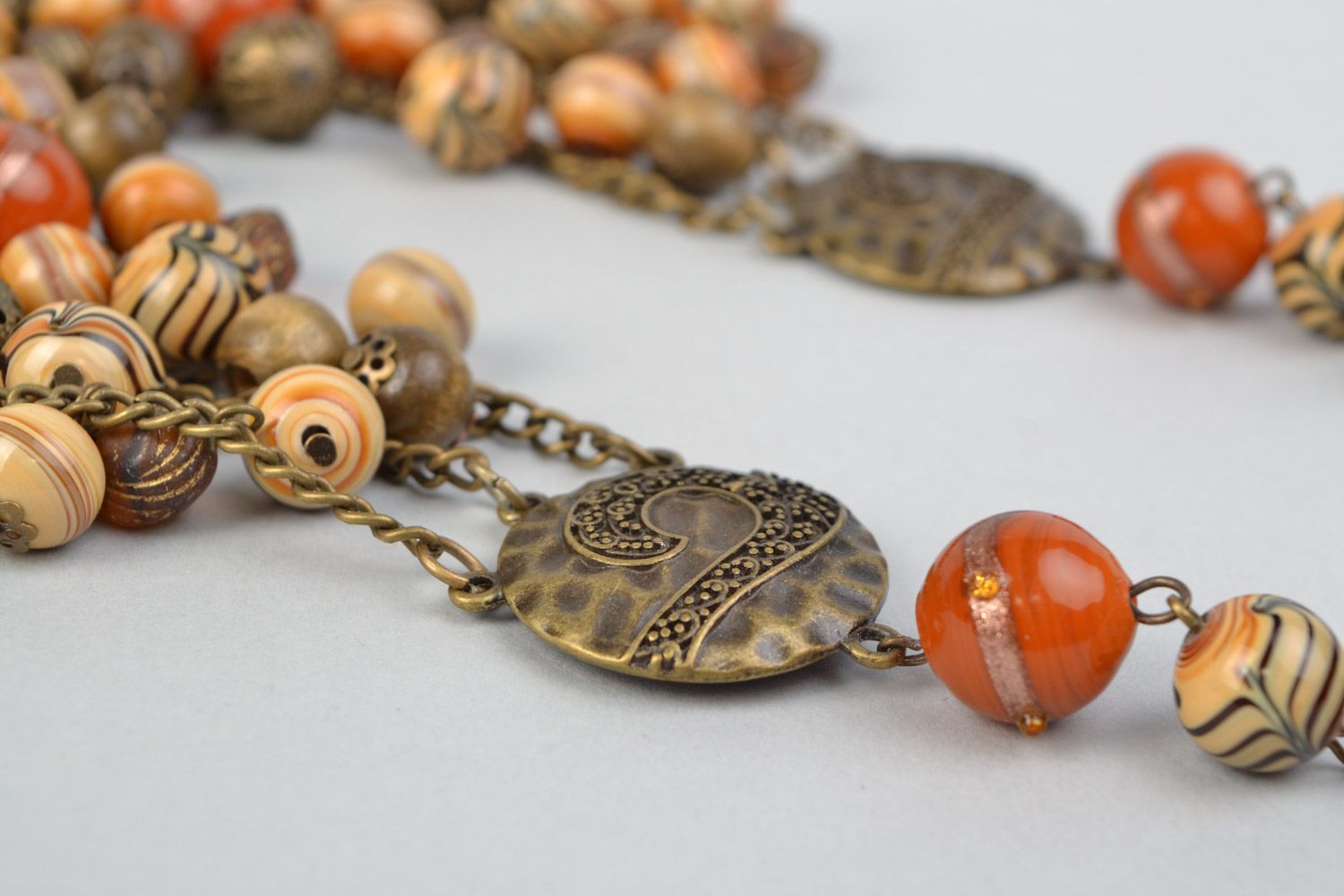 Handmade multi row ethnic necklace with wooden and lampwork glass beads photo 4