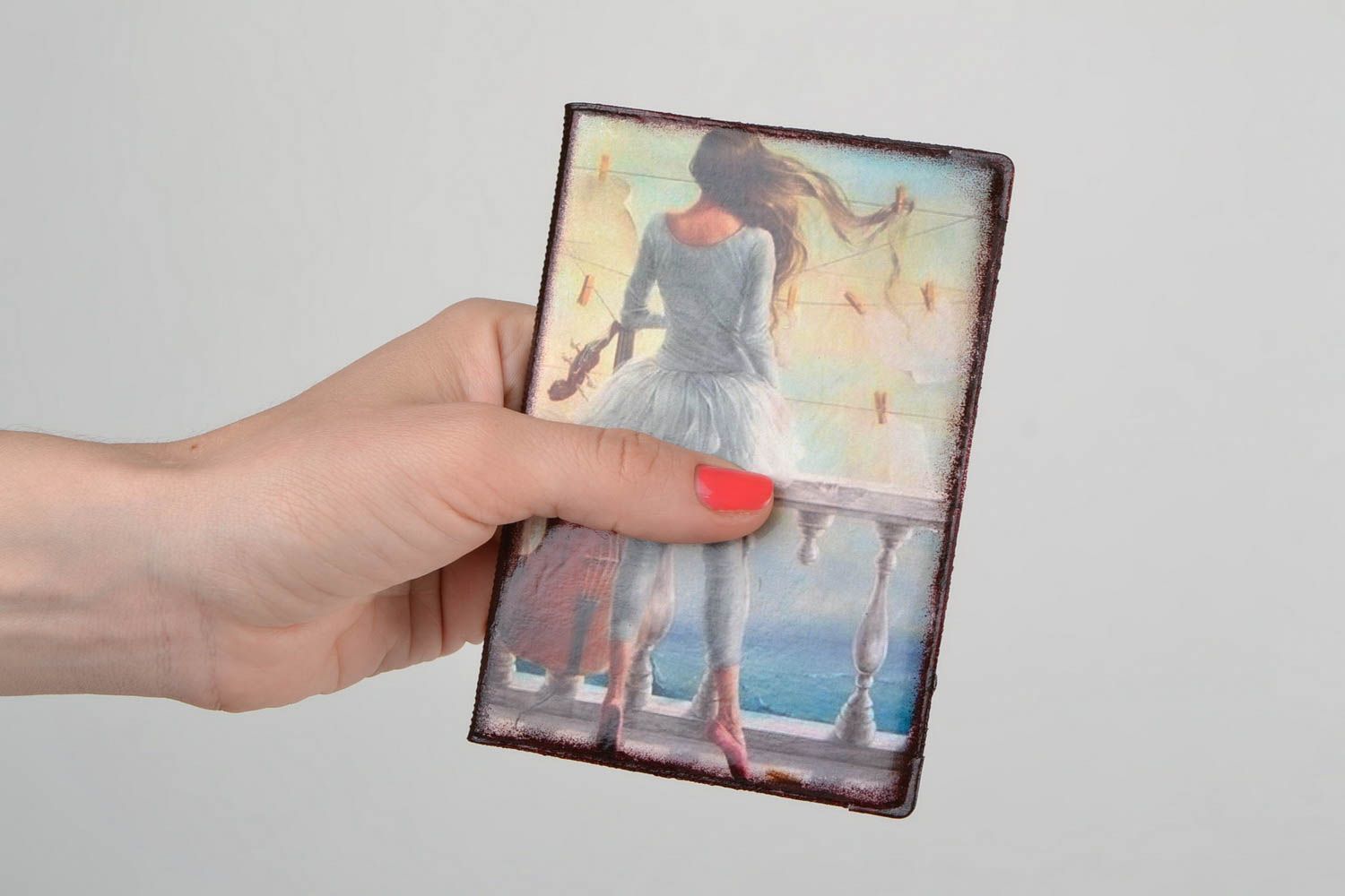 Handmade designer faux leather passport cover decorated with decoupage Ballerina photo 2