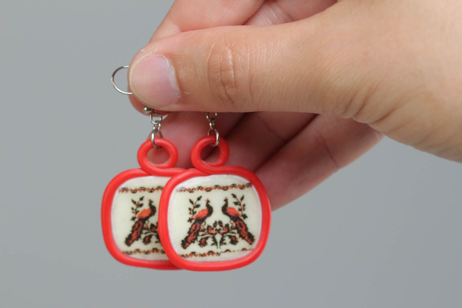 Handmade polymer clay square dangling earrings with pattern in ethnic style photo 5