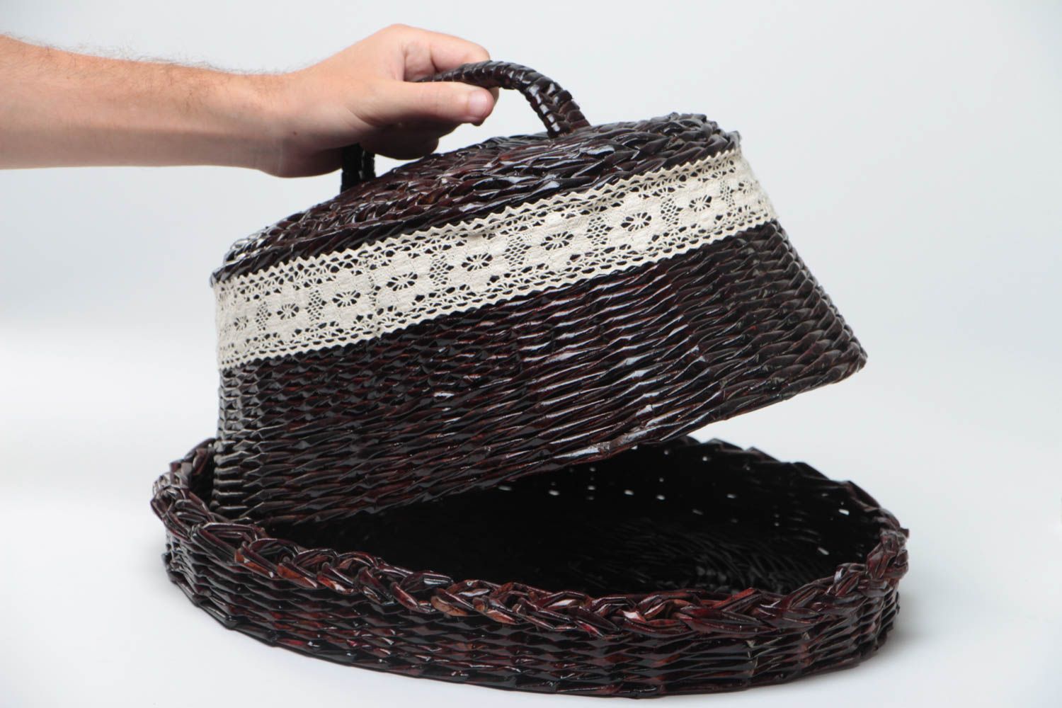 Handmade decorative black bread basket woven of paper tubes trimmed with lace photo 5