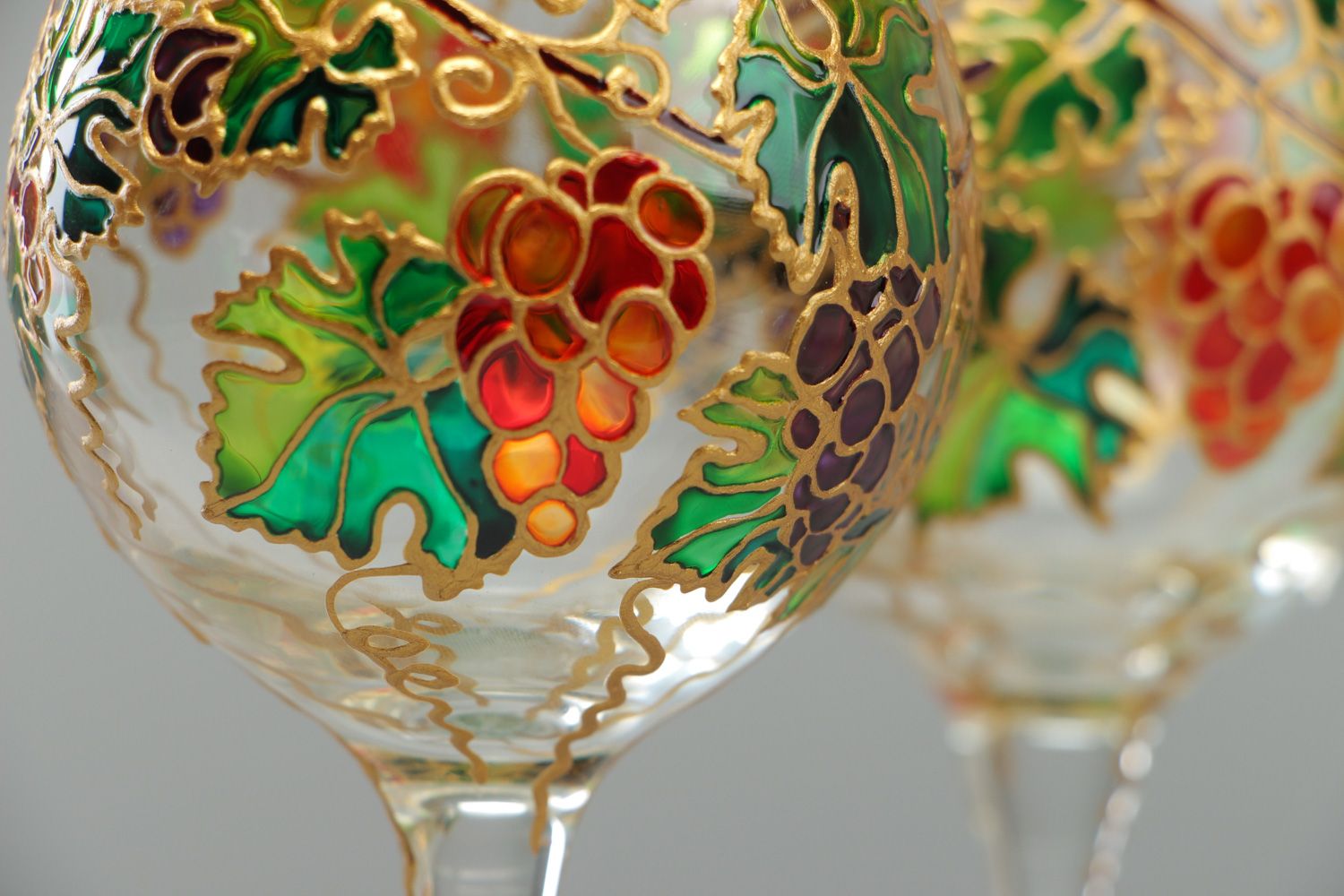 Set of designer wine glasses decorated with handmade stained glass painting 2 items photo 2