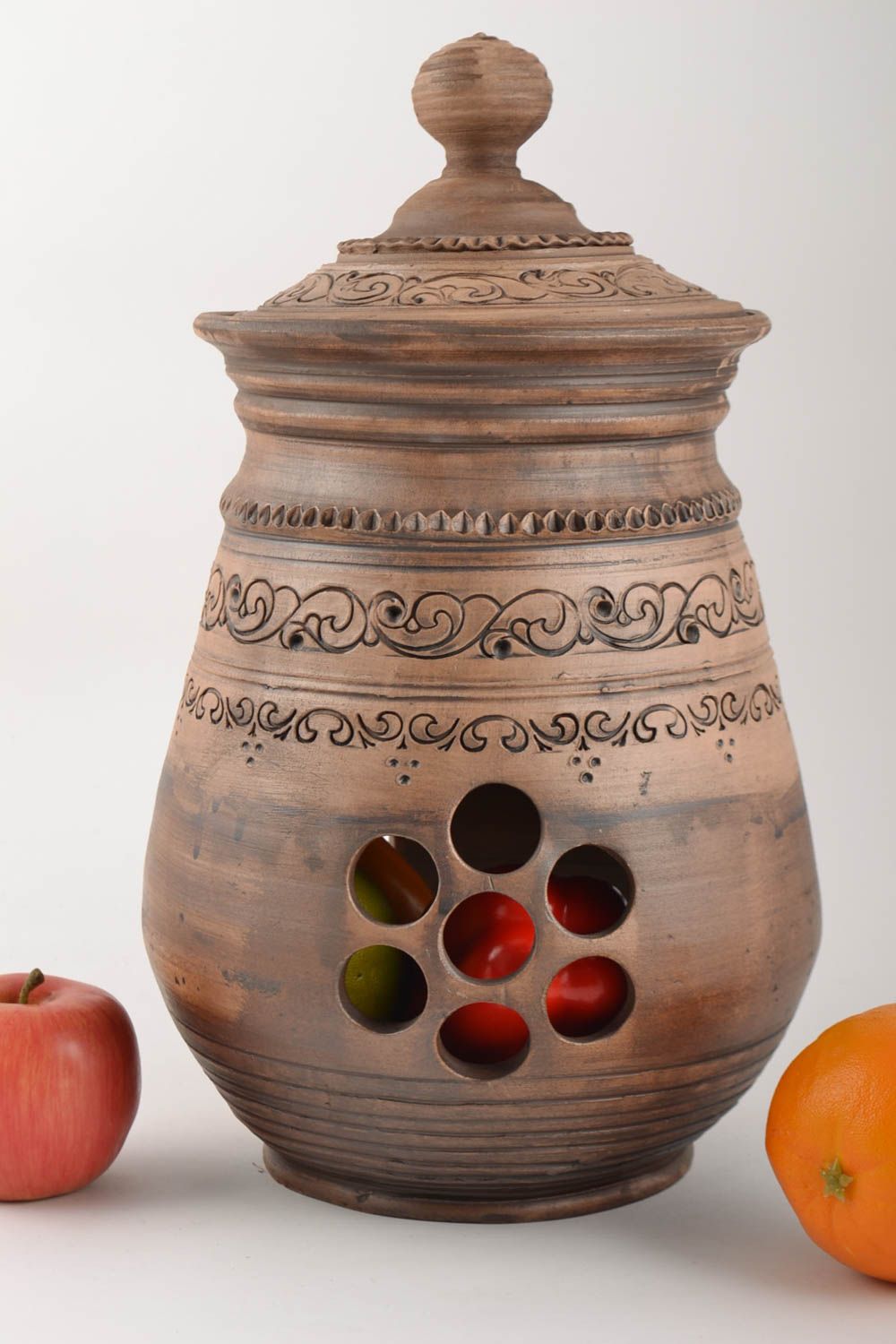 Frutero de cerámica con tapa hecho a mano hermoso recipiente de alfarería  foto 1