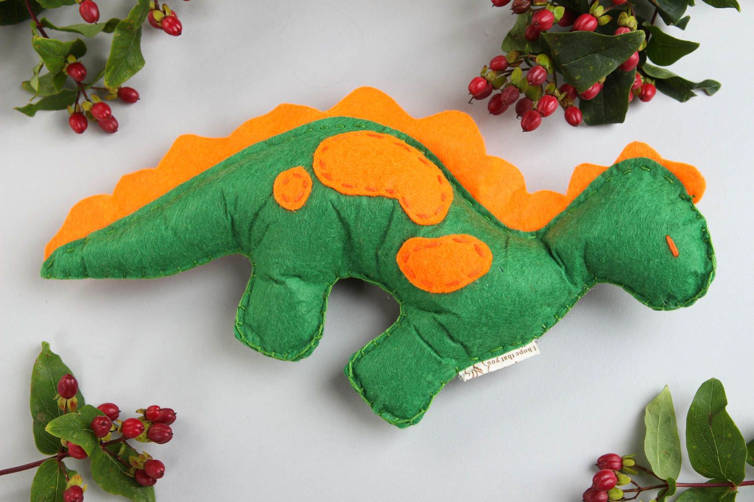 Peluche dinosaure faite main Jouet feutrine vert-orange Cadeau pour enfant photo 1