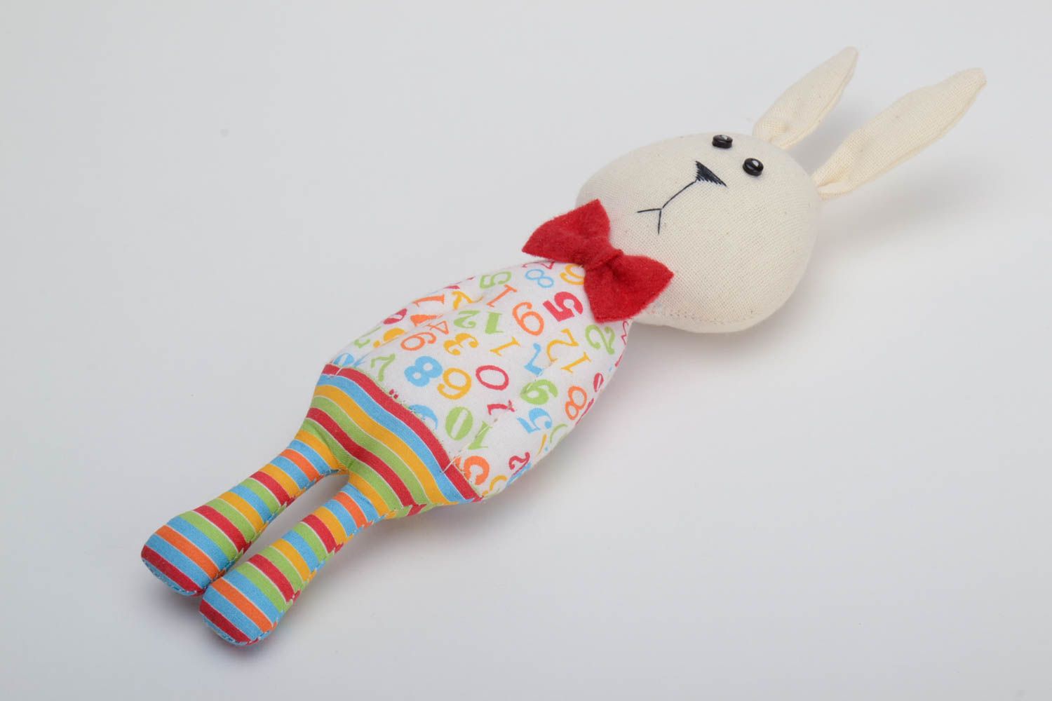 Handmade small cotton soft toy rabbit boy in striped trousers with red bow tie photo 2