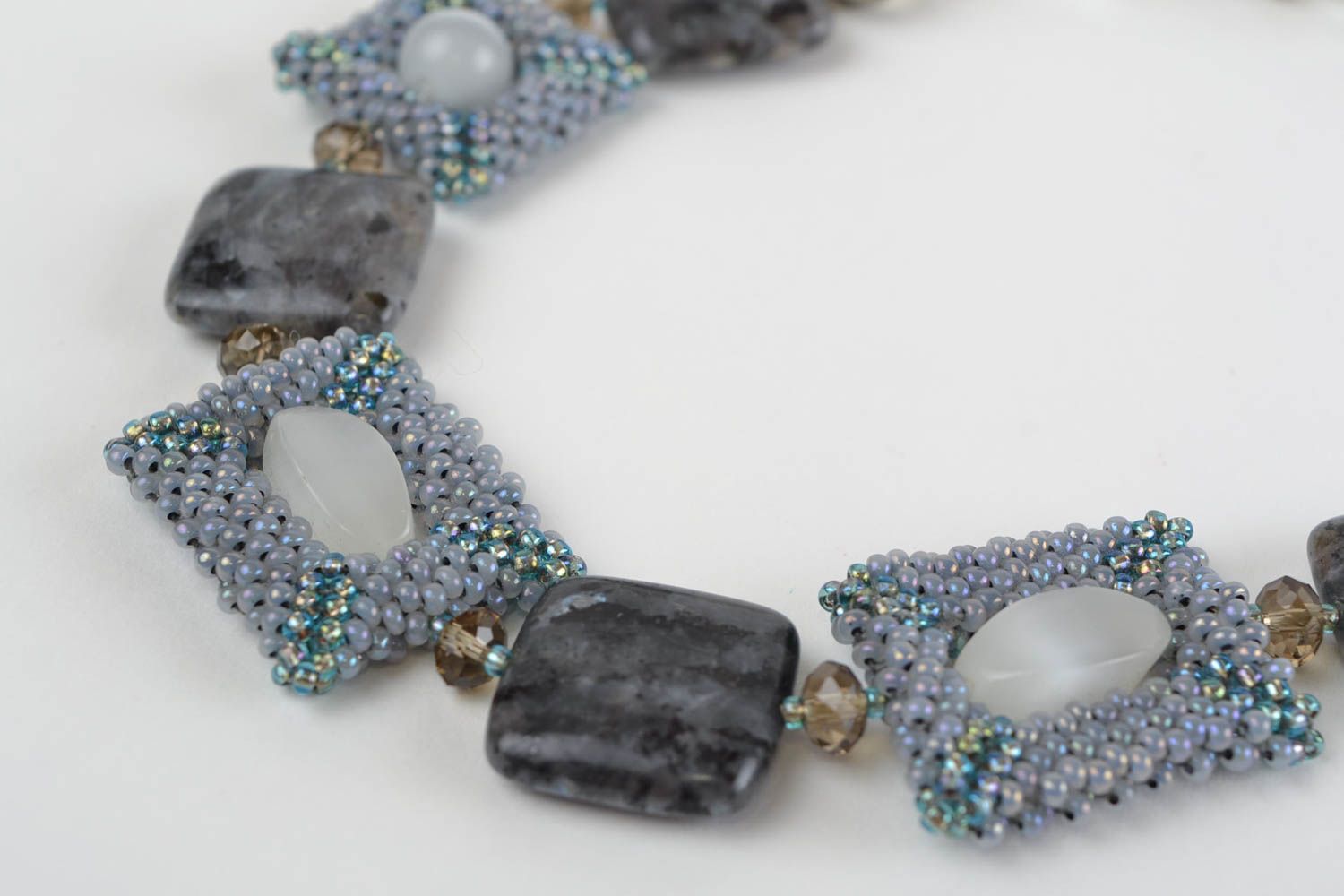Handmade natural stone and bead woven necklace in severe gray color palette photo 4