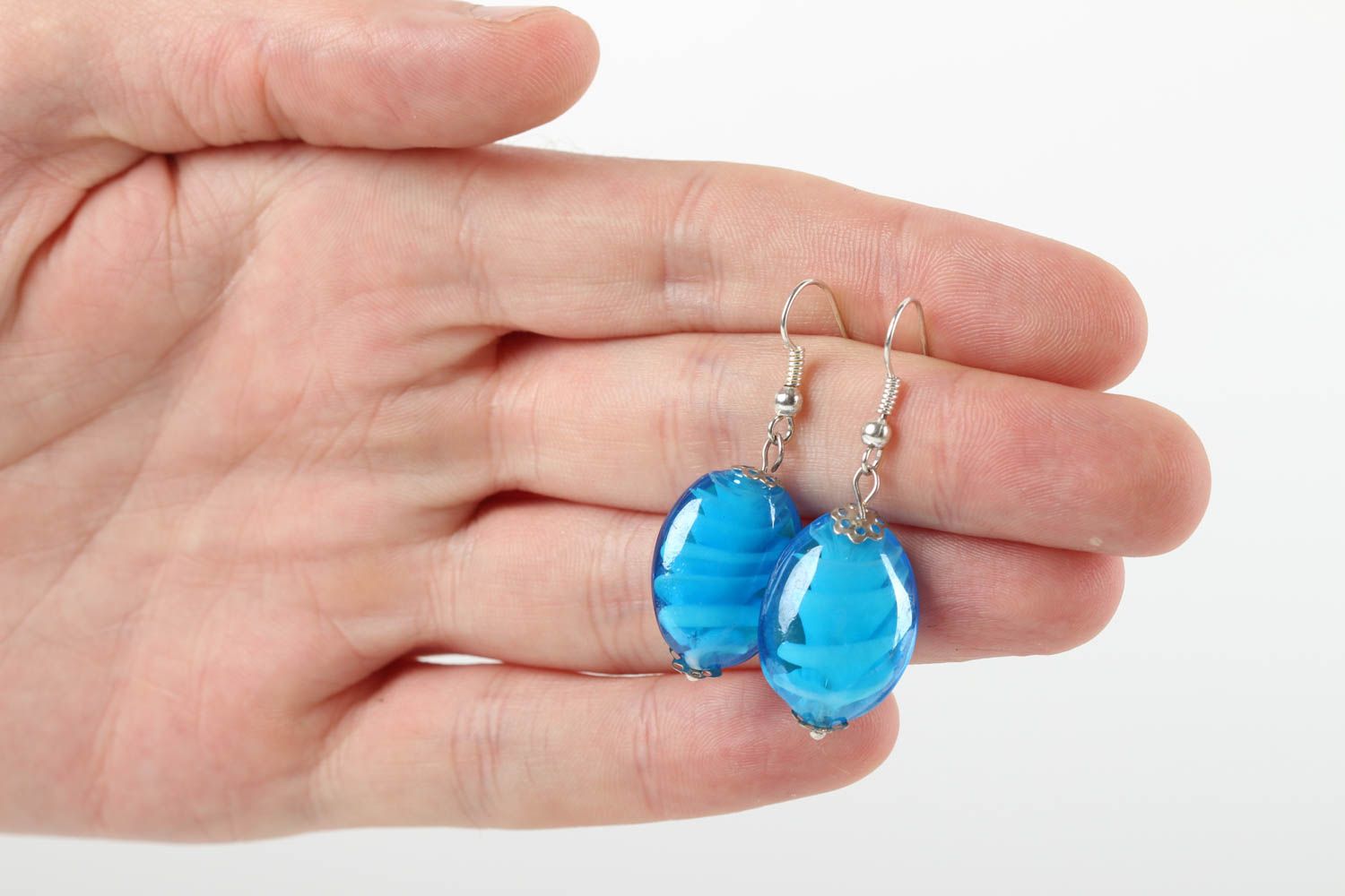 Boucles d'oreilles en verre Bijou fait main bleues ovales Idée cadeau femme photo 5