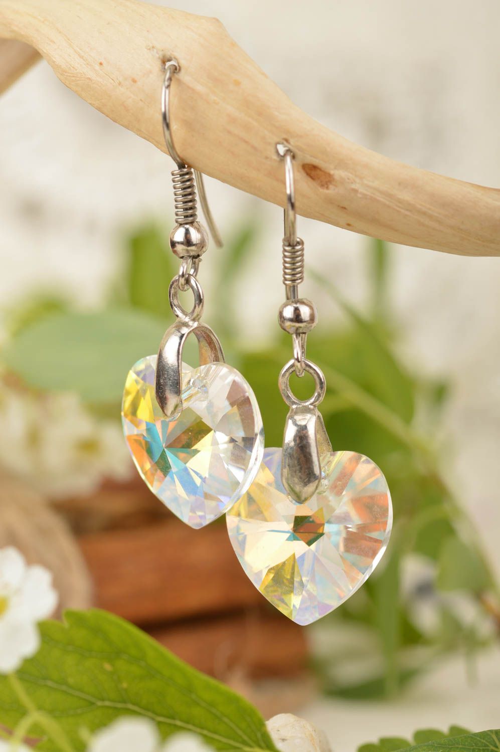 Handmade cute earrings charms in shape of hearts made of Austrian crystals photo 1