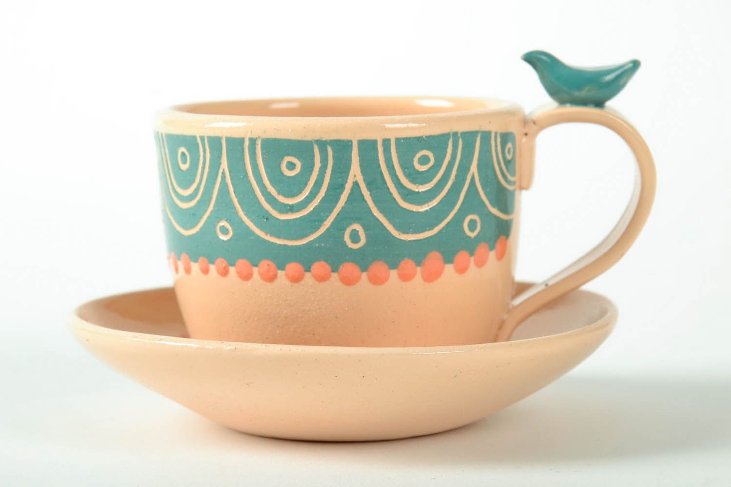 Art clay girl's teacup in light peach color with handle and saucer photo 2