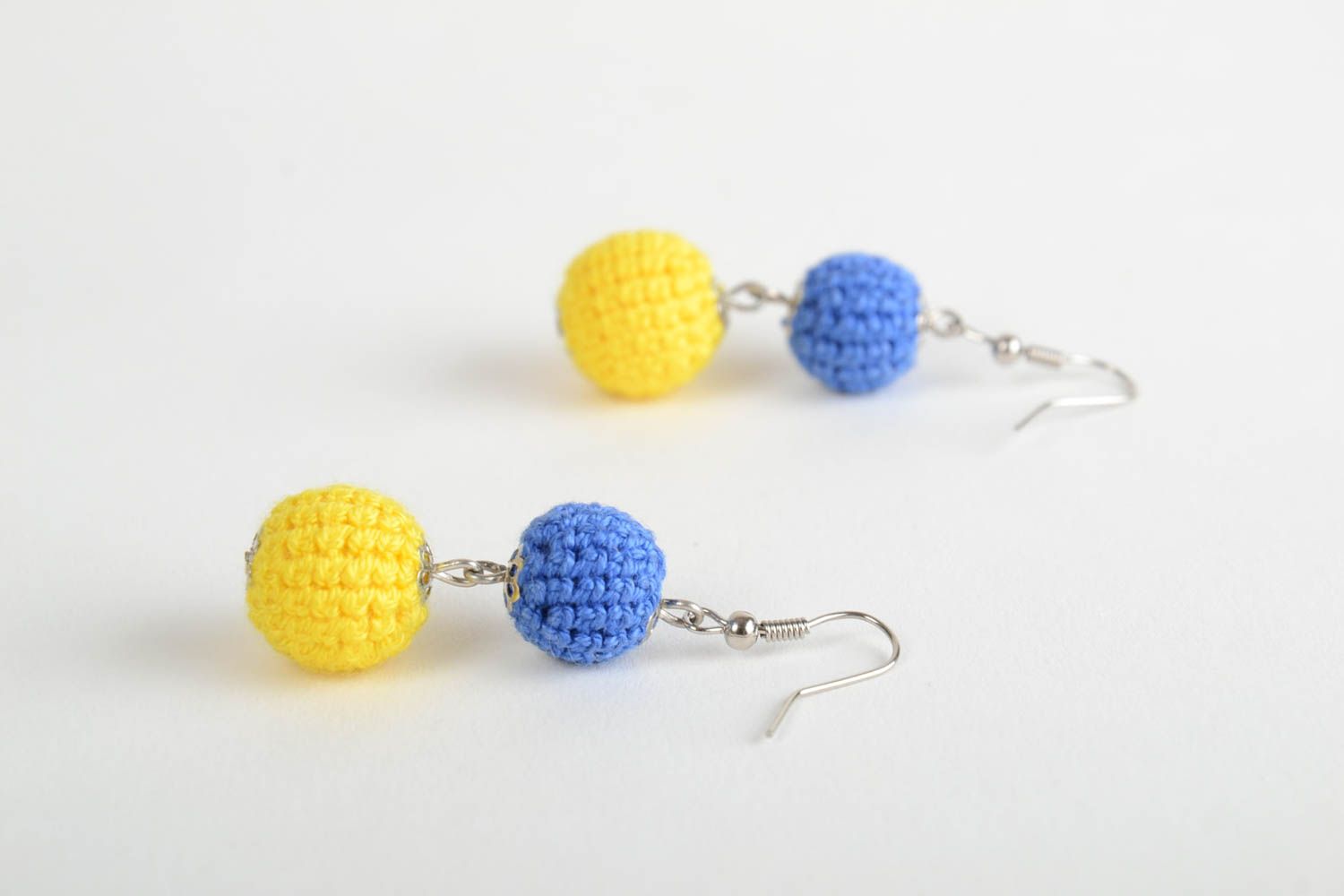 Yellow and blue homemade crochet ball earrings long designer photo 3