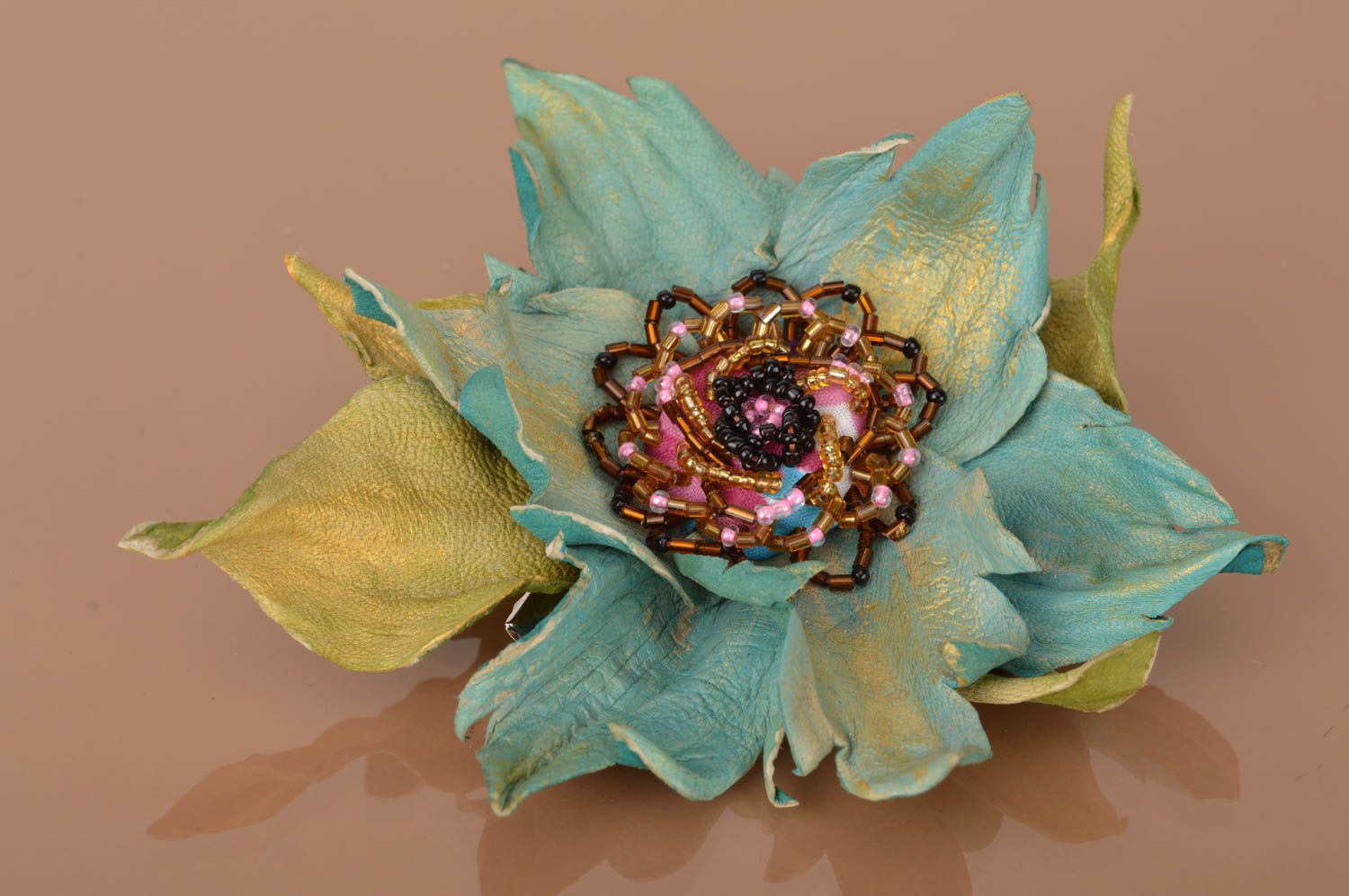 Handmade brooch hair clip with dark leather lily flower with seed beads photo 5