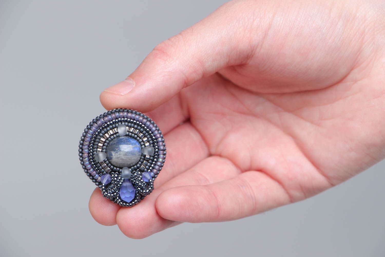 Beautiful round handmade gemstone brooch embroidered with beads photo 5
