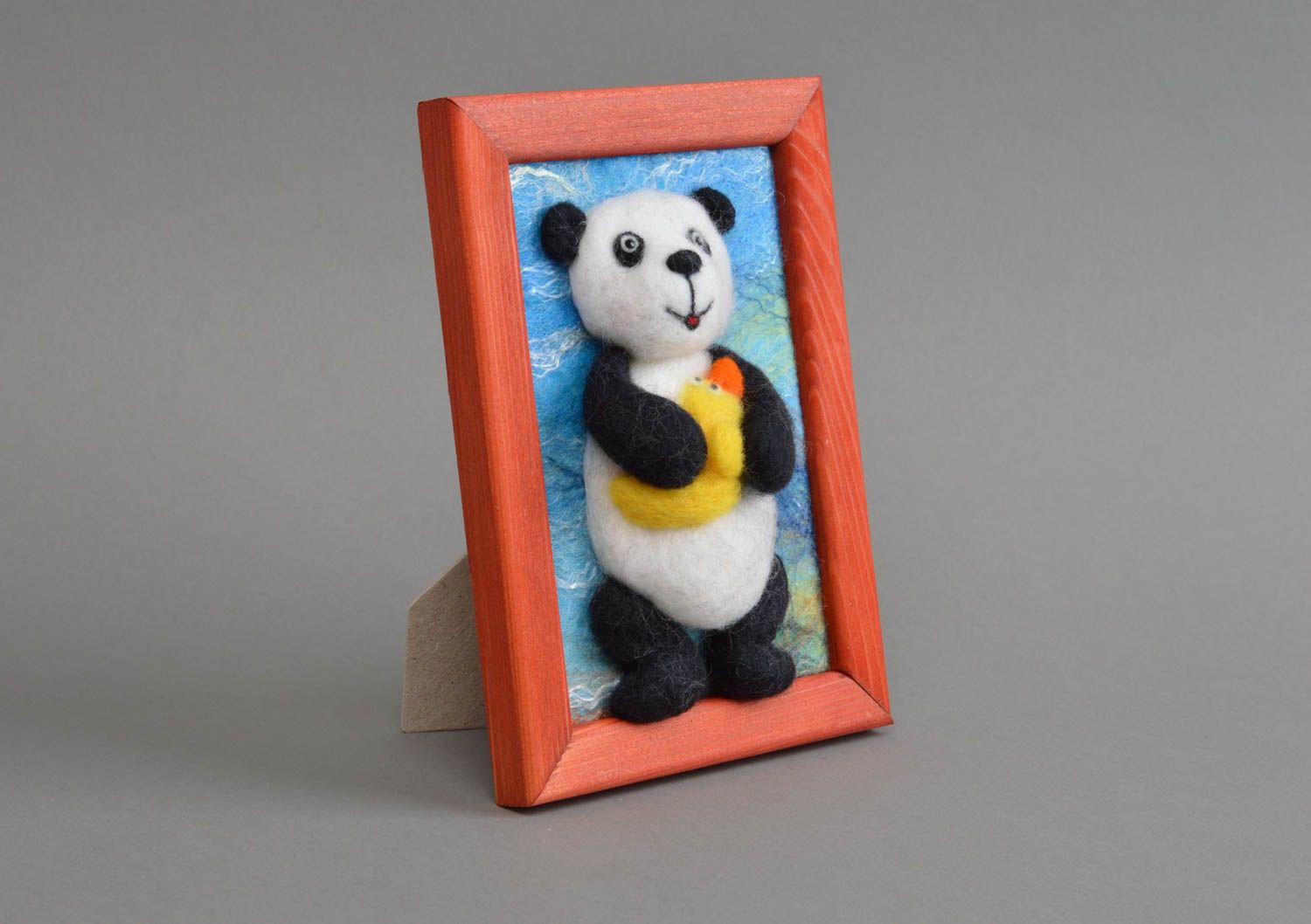 Tableau en laine feutrée fait main petit pour enfant Panda avec canard  photo 2