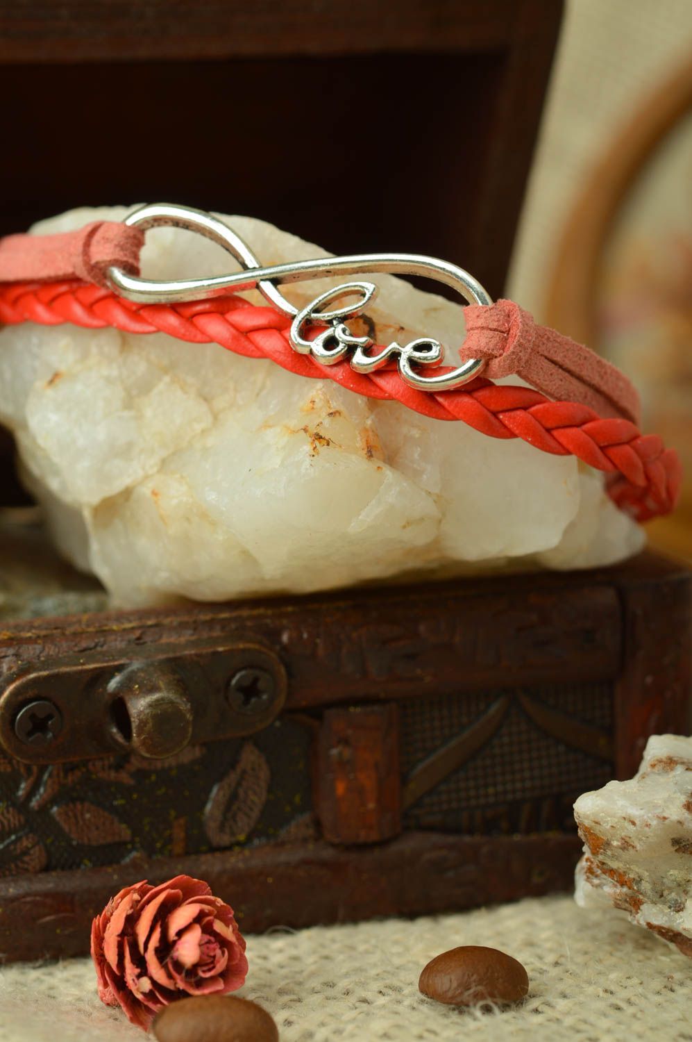 Designer red suede cord handmade wrist bracelet woven with metal insert Love photo 1