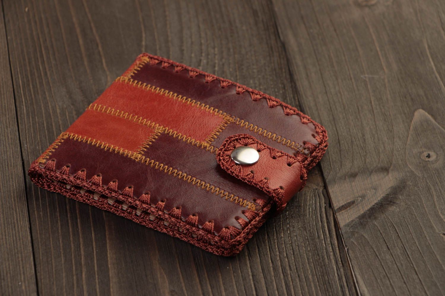 Handmade designer men's wallet sewn of genuine leather of dark brown color photo 1