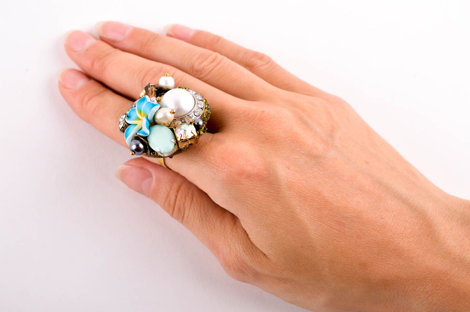 Женское кольцо хенд мейд красивое кольцо бижутерия с жемчугом оригинальная фото 5