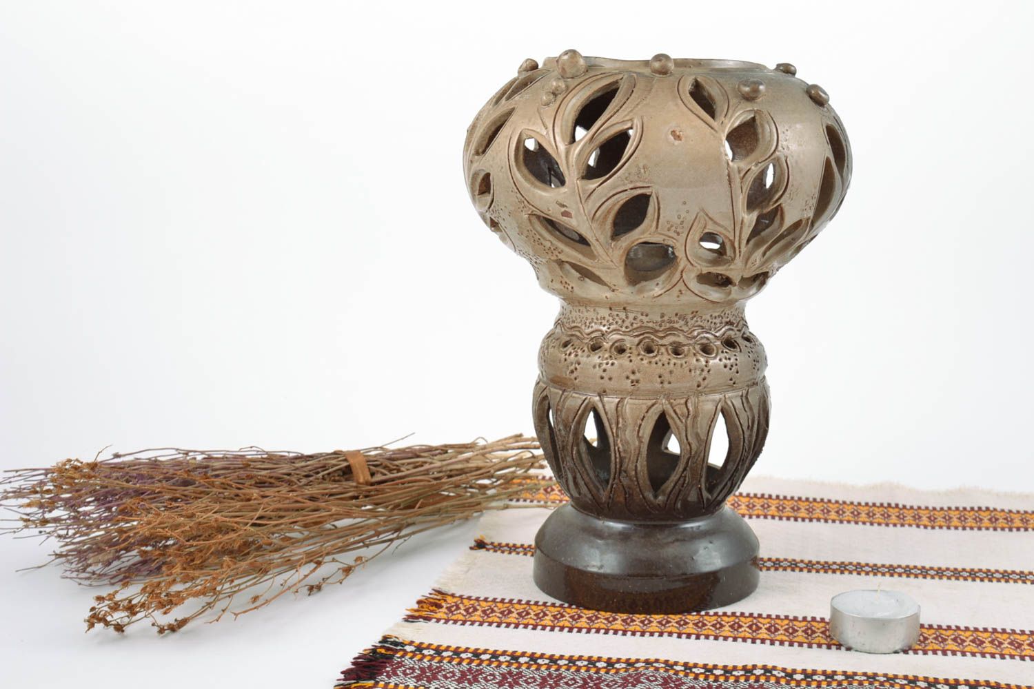 Large brown handmade designer clay candlestick for one candle photo 1