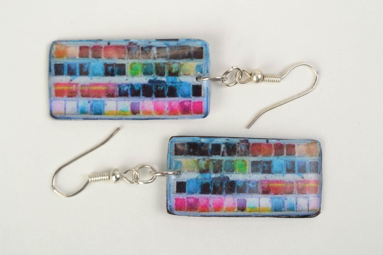 Handmade earrings with charms made of polymer clay and epoxy resin with decoupage photo 3
