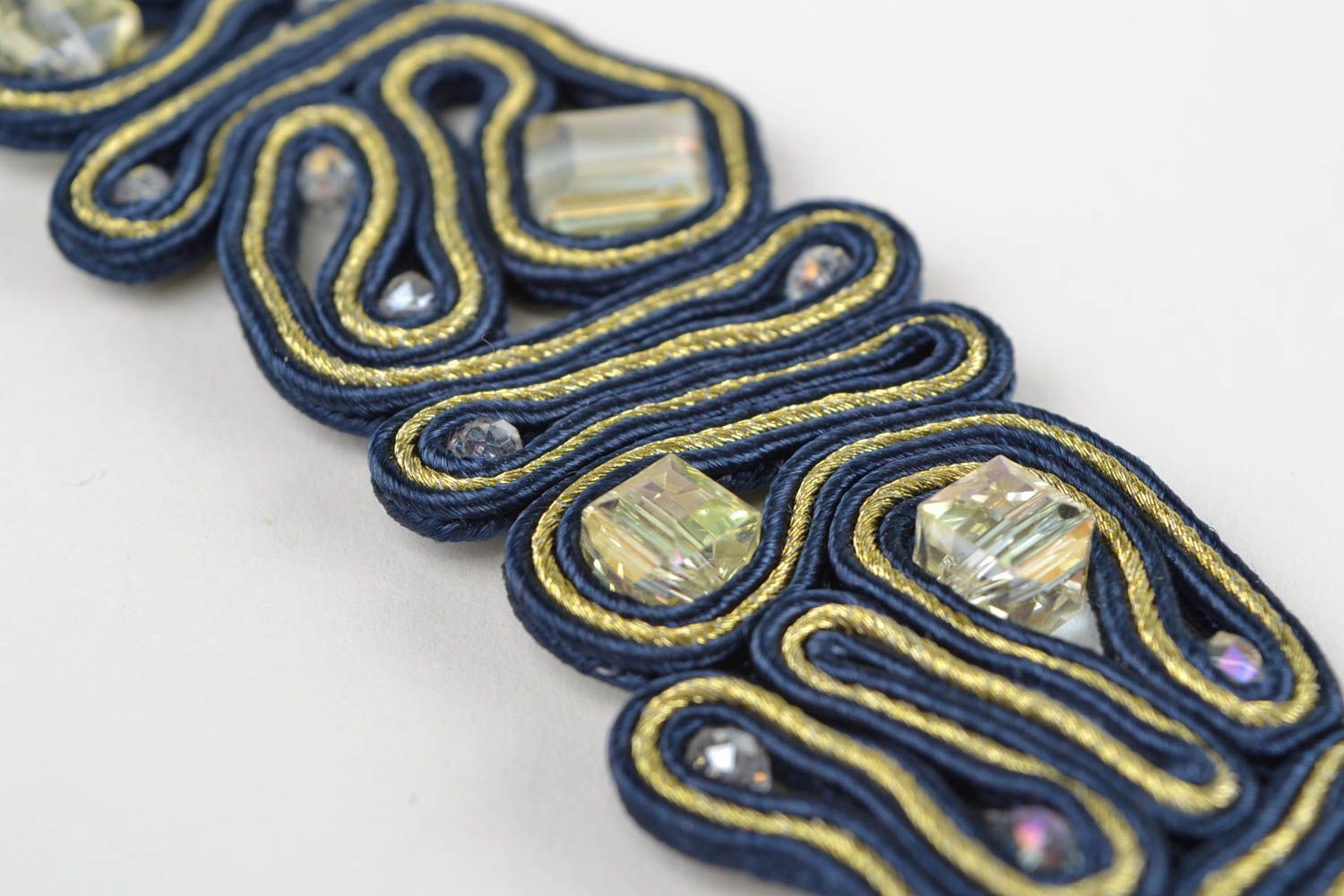Blue soutache bracelet with rhinestones handmade designer beautiful accessory photo 5