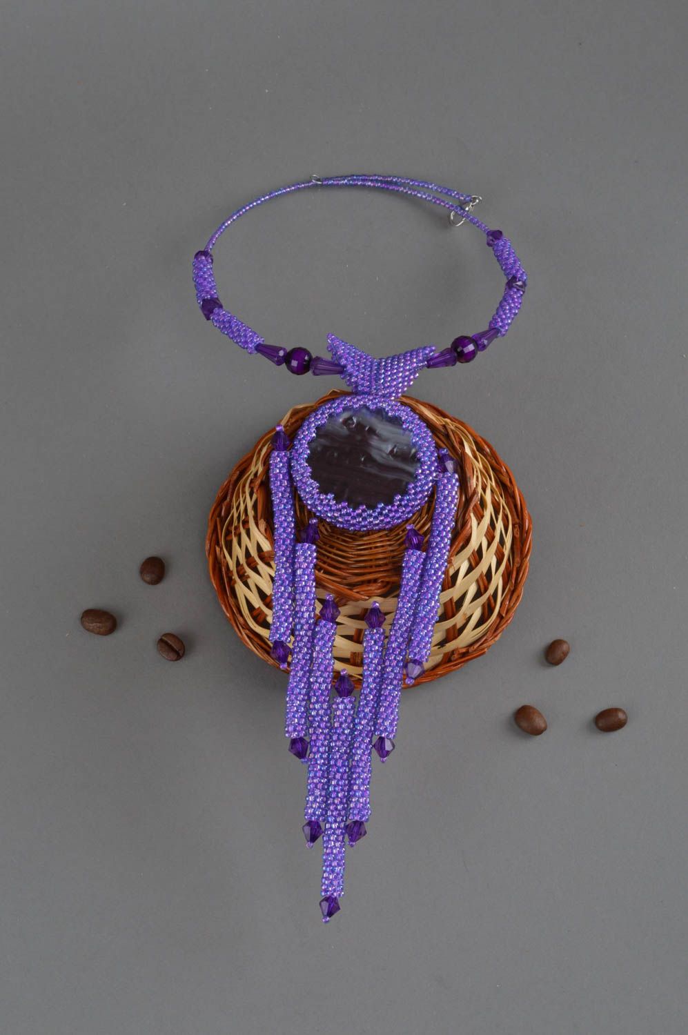 Handmade necklace made of beads purple beautiful accessory woven jewelry photo 1