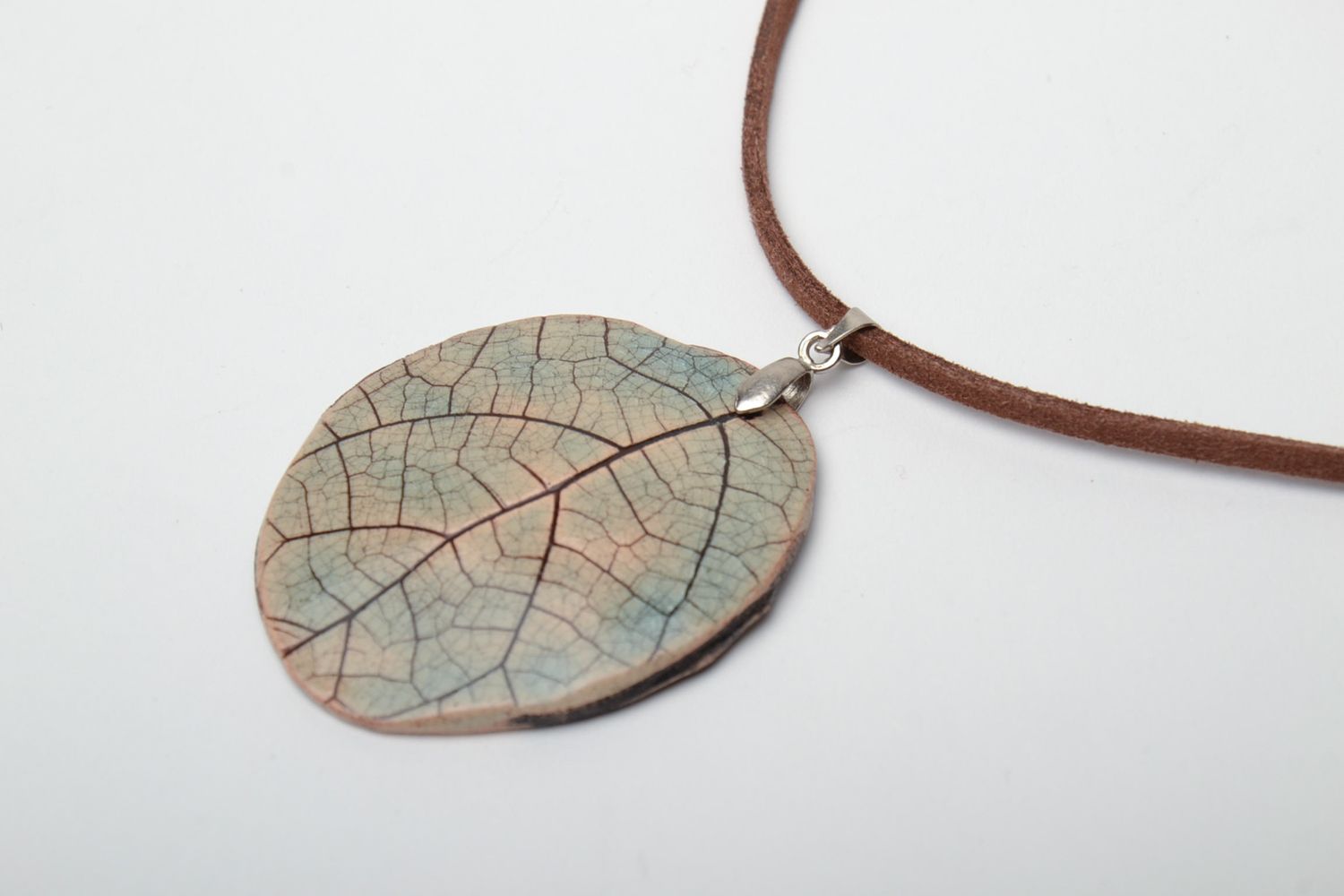 Handmade clay pendant painted with enamels Leaf photo 3