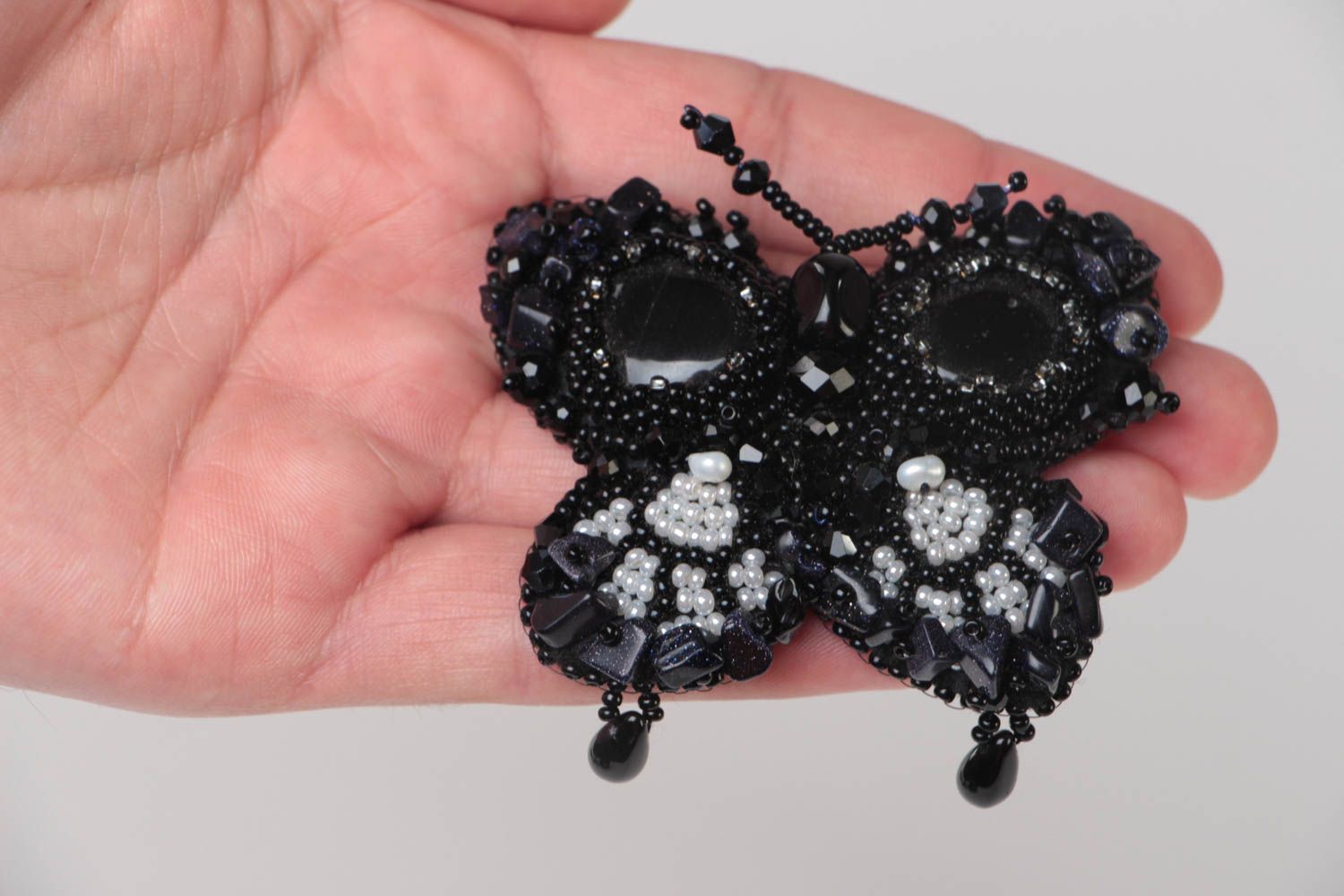 Elegant handmade black brooch with bead embroidery and natural stones Butterfly photo 5