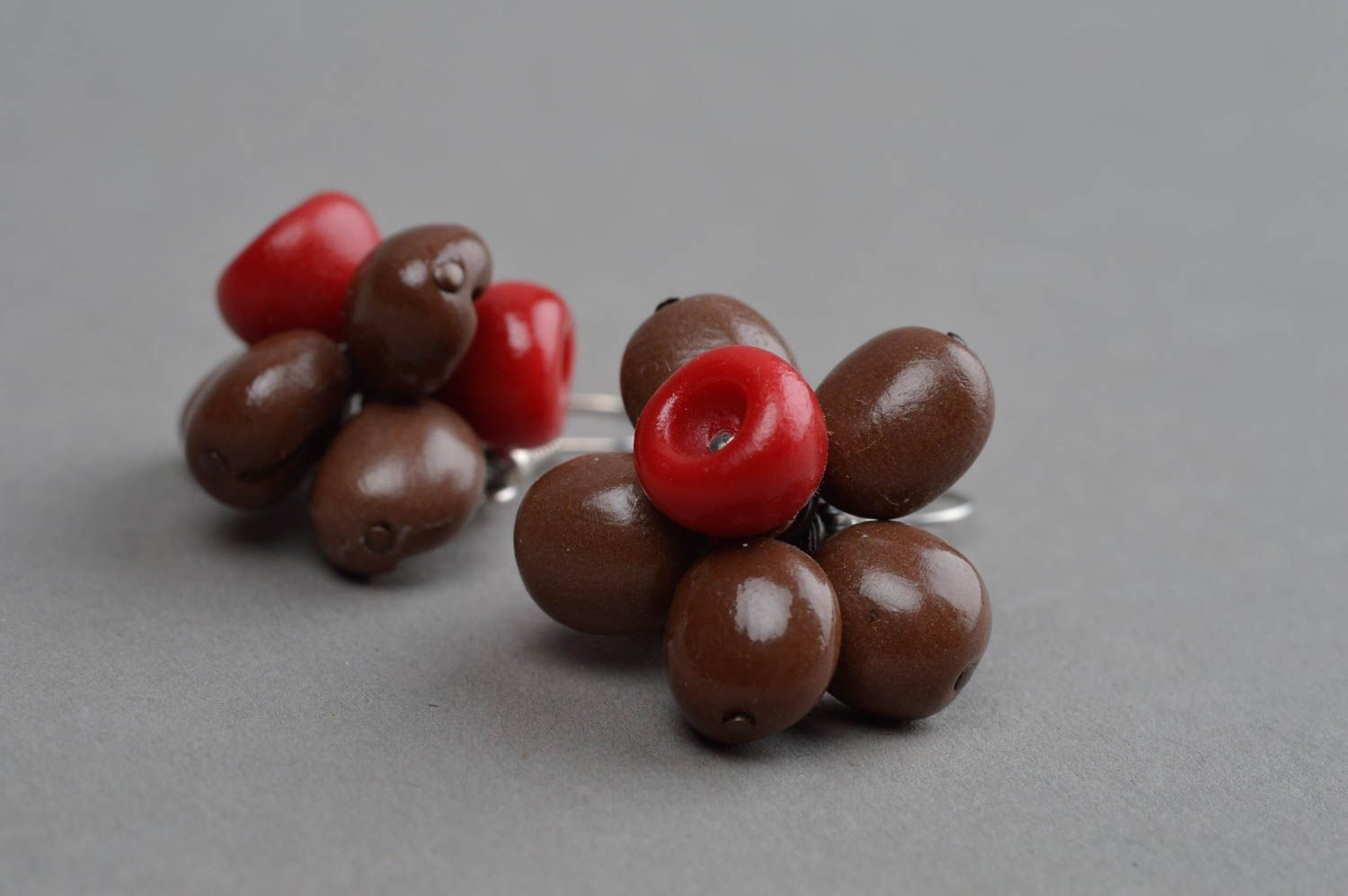 Handmade brown accessory earrings in shape of coffee beans designer jewelry photo 3