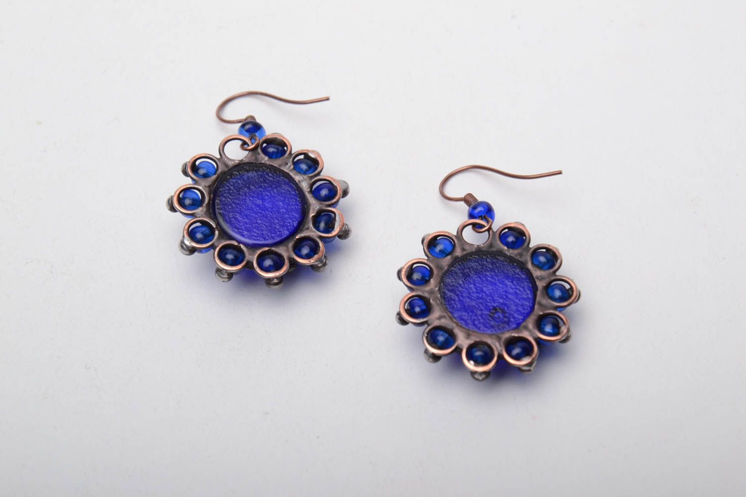 Copper earrings with blue glass photo 4