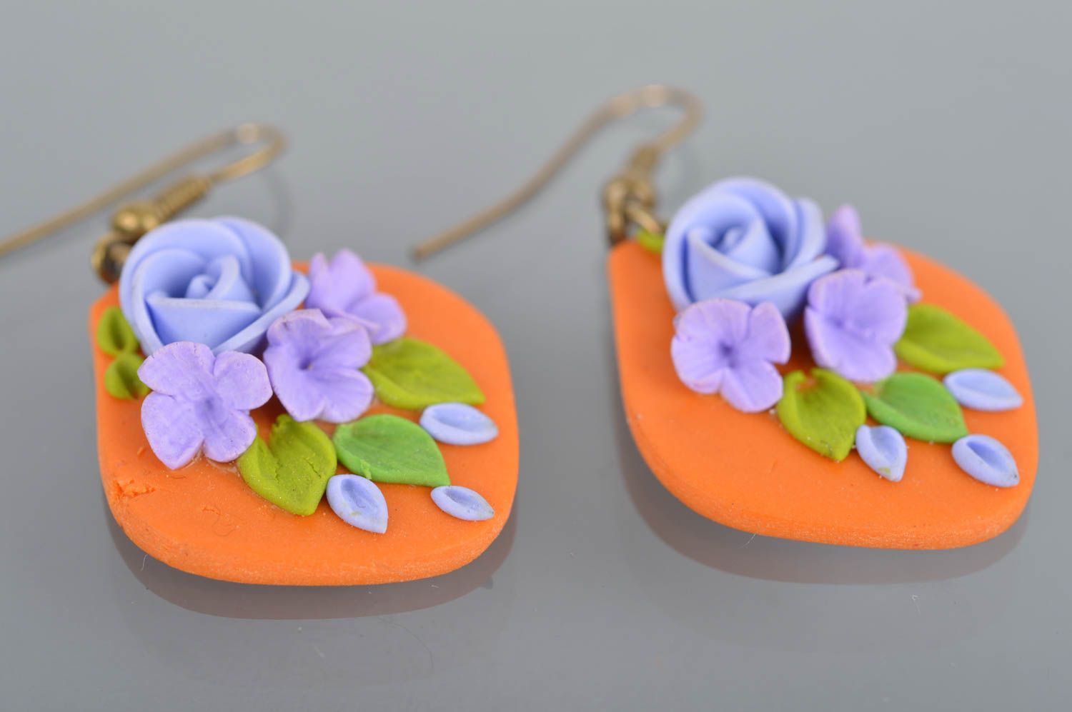 Polymer clay handmade designer earrings with vivid blue flowers summer jewelry photo 2