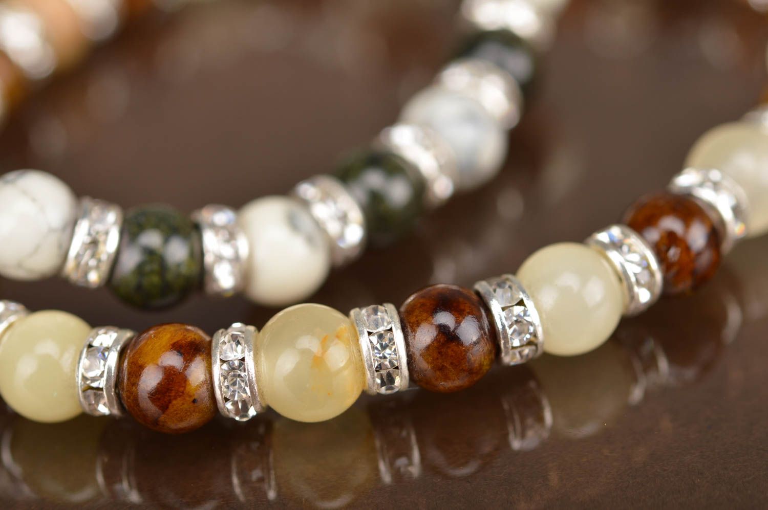 Beautiful handmade stylish women's glass bead bracelet brown and beige photo 5