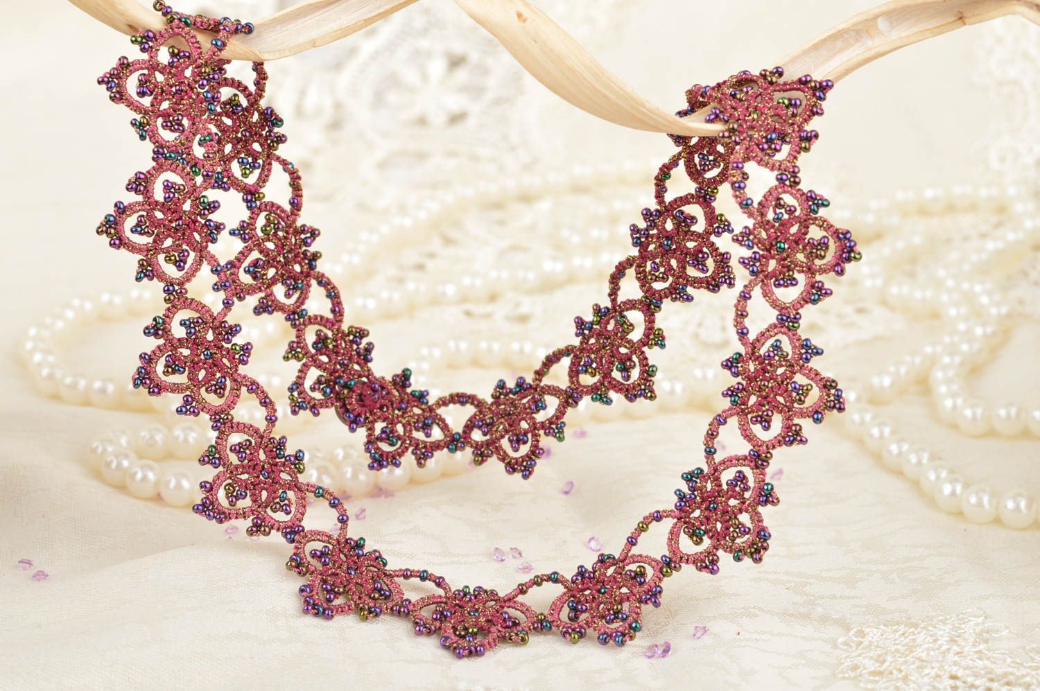 Beautiful handmade tatted lace necklace of claret color with beads designer photo 1
