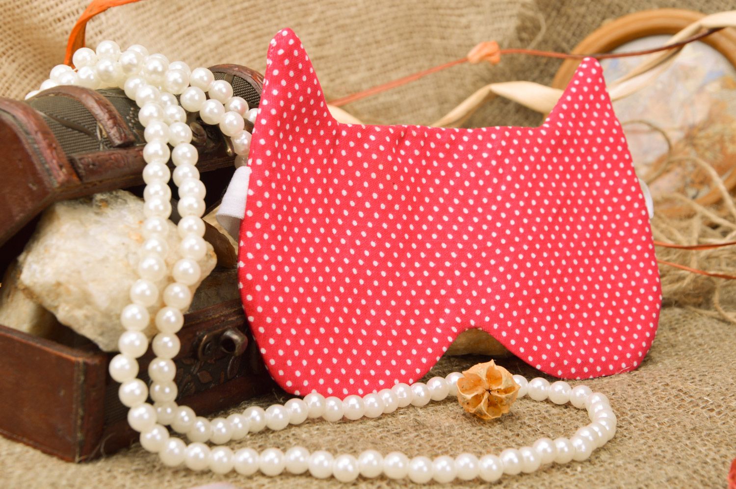Handmade cute sleep mask sewn of pink polka dot cotton fabric for women photo 1