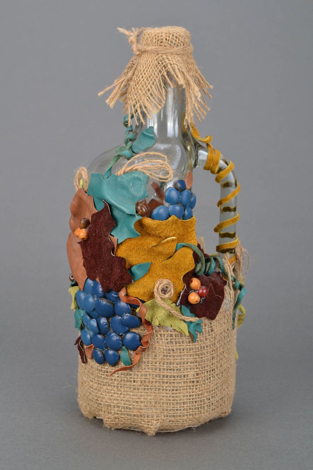 Glass bottle decorated with leather Grapes photo 3
