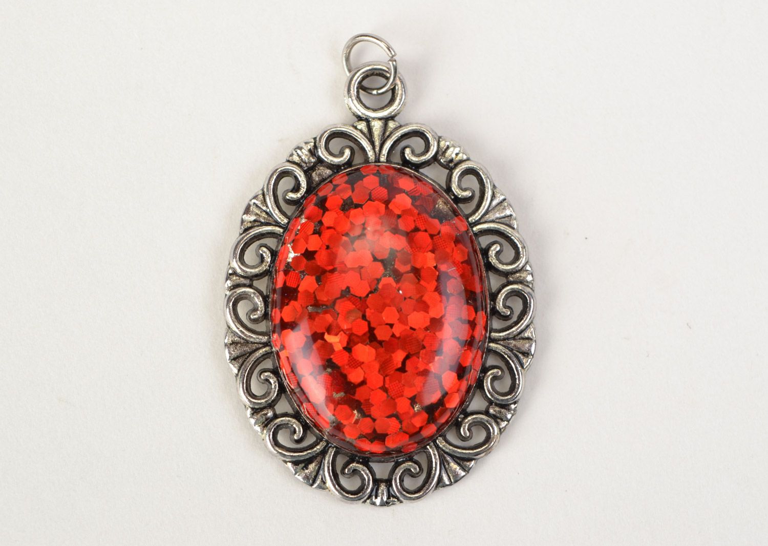 Handmade oval jewelry glaze pendant in red color with vintage metal basis photo 3