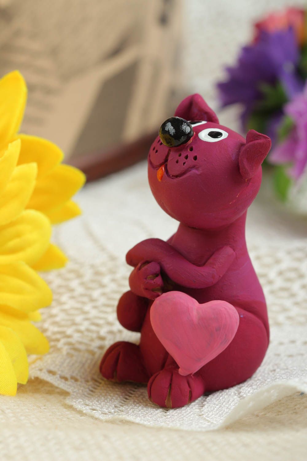 Статуэтка ручной работы фигурка из глины статуэтка для декора розовая кошечка  фото 1