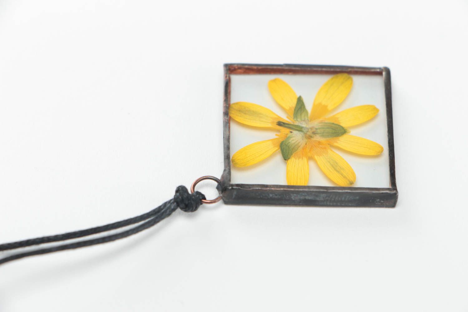 Beautiful handmade glass pendant with real flower inside on waxed cord Yellow photo 4
