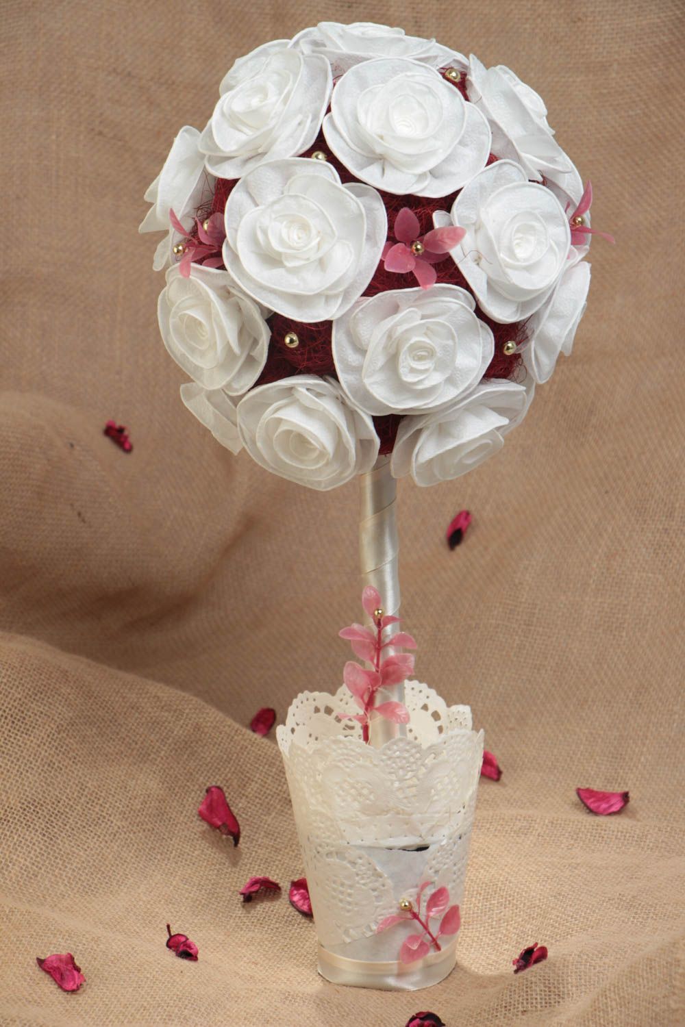 Arbre topiaire floral blanc en satin et sisal original décoratif fait main photo 1