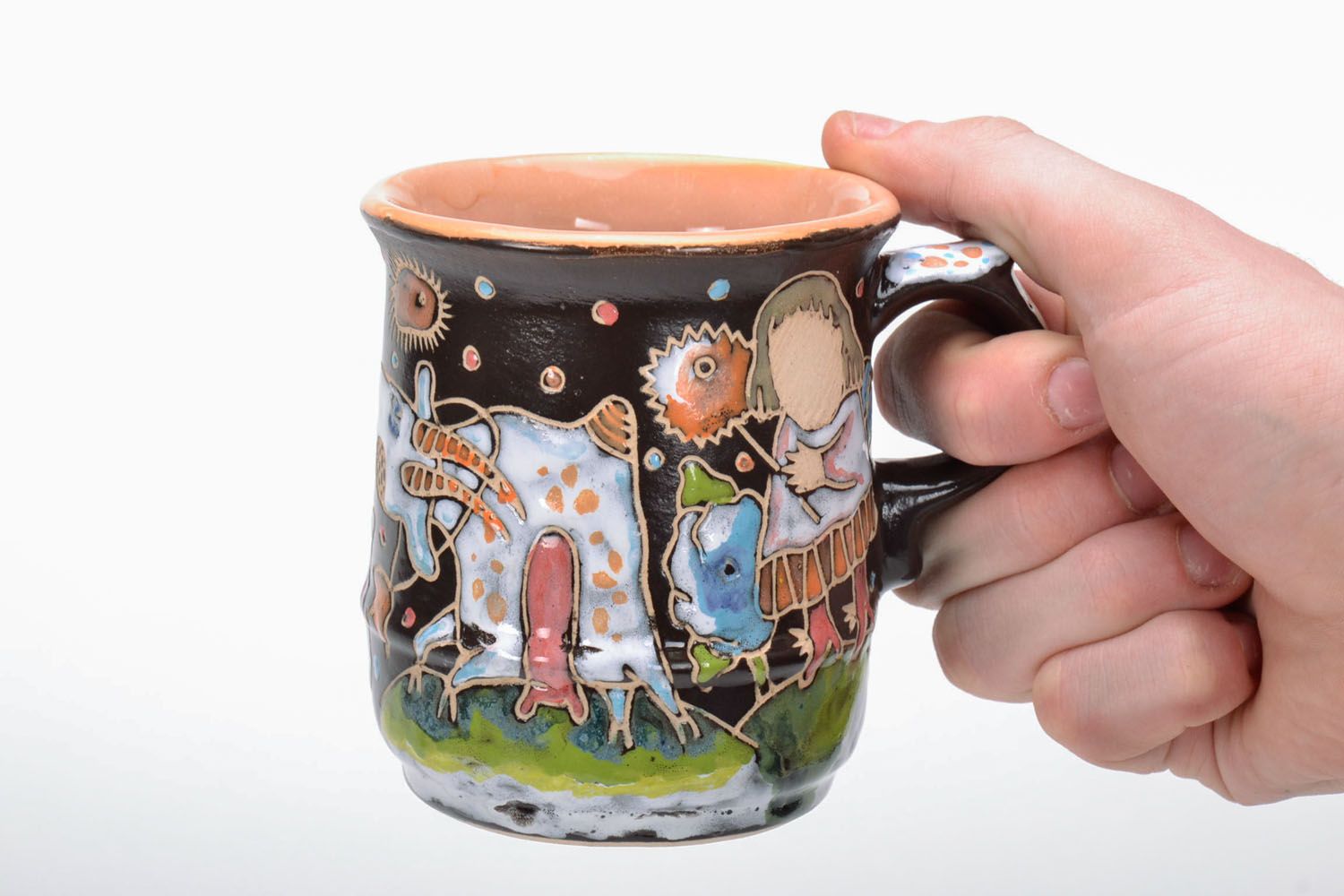 8 oz clay ceramic porcelain glazed tea mug with handle and fairy tail creatures pattern photo 5