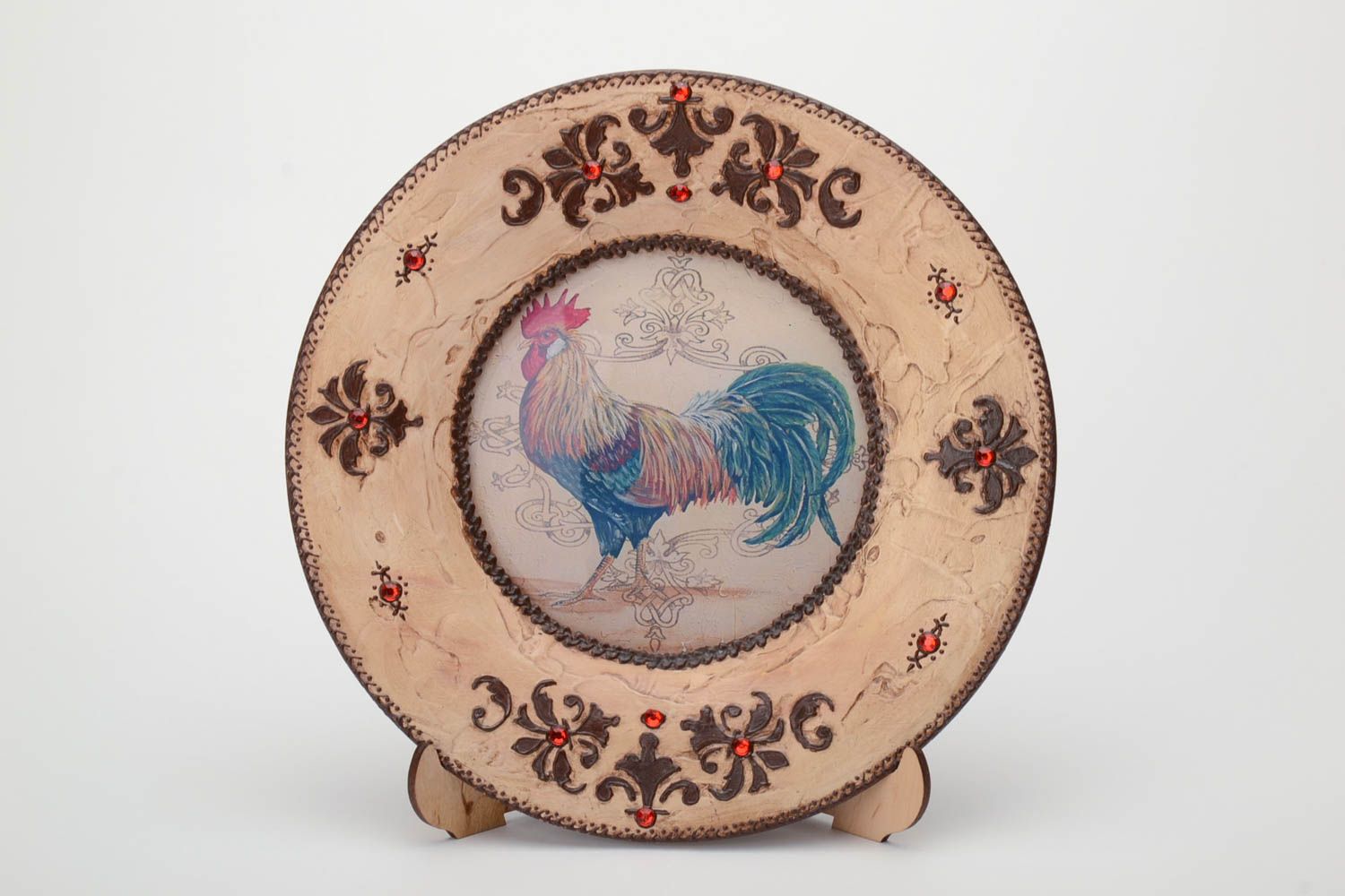 Large handmade decoupage glass plate for decor Rooster photo 2