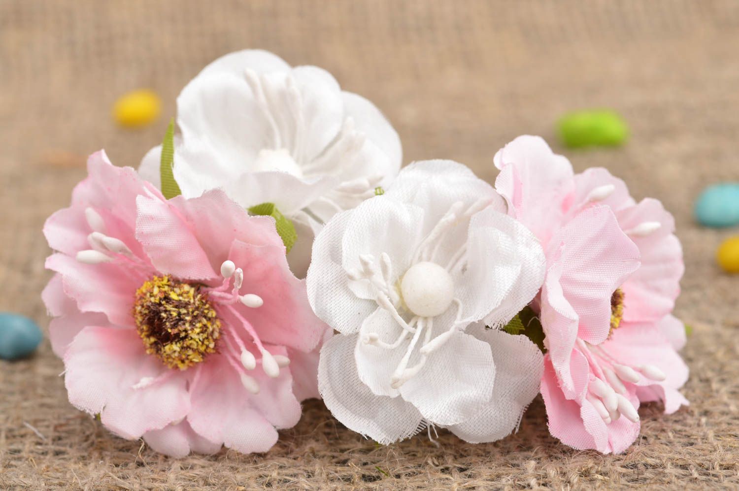 Детские заколки цветы набор из 2 штук розовые с белым красивые ручной работы фото 1