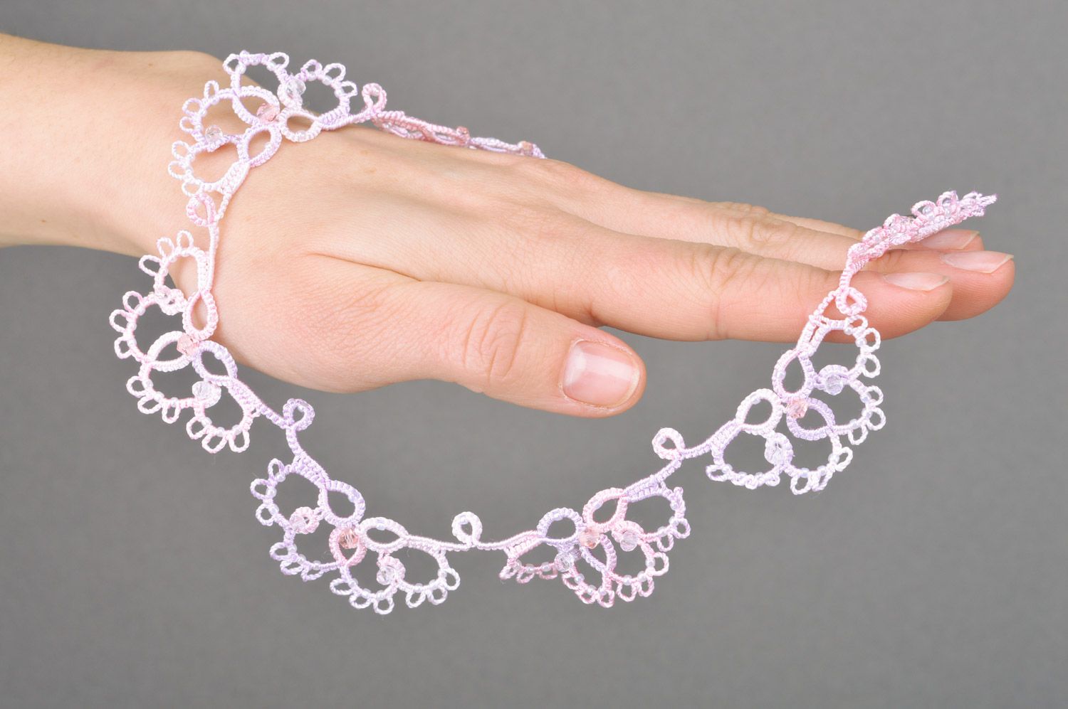 Handmade gentle woven tatting necklace of pastel colors photo 2