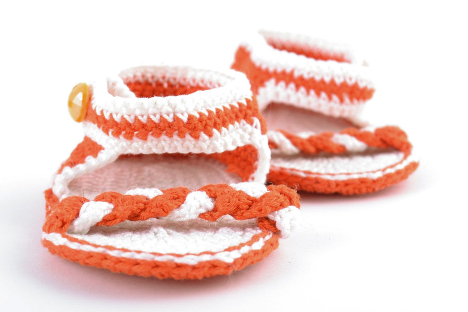 White and orange small handmade knitted baby booties sandals for girl photo 5