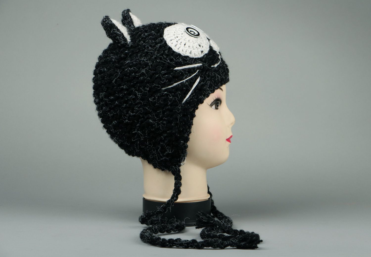 Children's knitted hat Black kitten photo 2