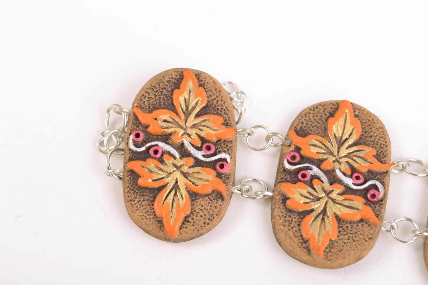 Handmade painted ceramic jewelry set 3 items clay bracelet earrings and pendant photo 4