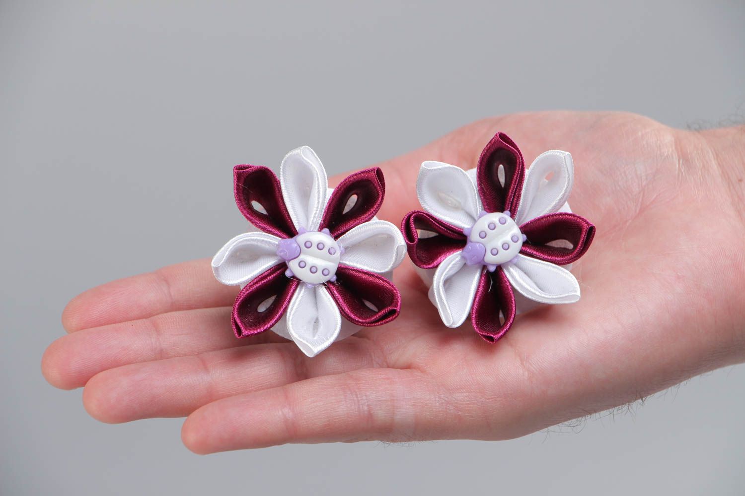 Beautiful white and claret handmade satin ribbon hair ties set with flowers 2 pieces photo 5