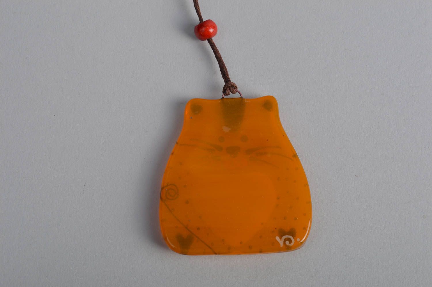 Оранжевая стеклянная подвеска для дома в технике фьюзинг ручной работы Коты фото 4